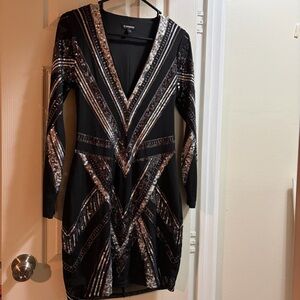 Express Black and Silver Sequin Long Sleeve Dress
